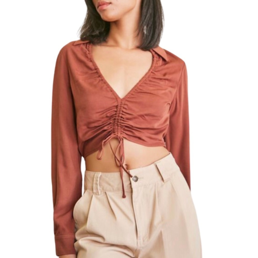 NWT Forever 21 Rusty Brown Ruched Drawstring Collar Long Sleeve‎ Crop Top Womens